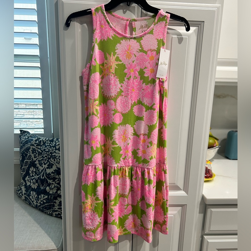 Lilly Pulitzer Green & Pink Floral Sleeveless Tiered Dress